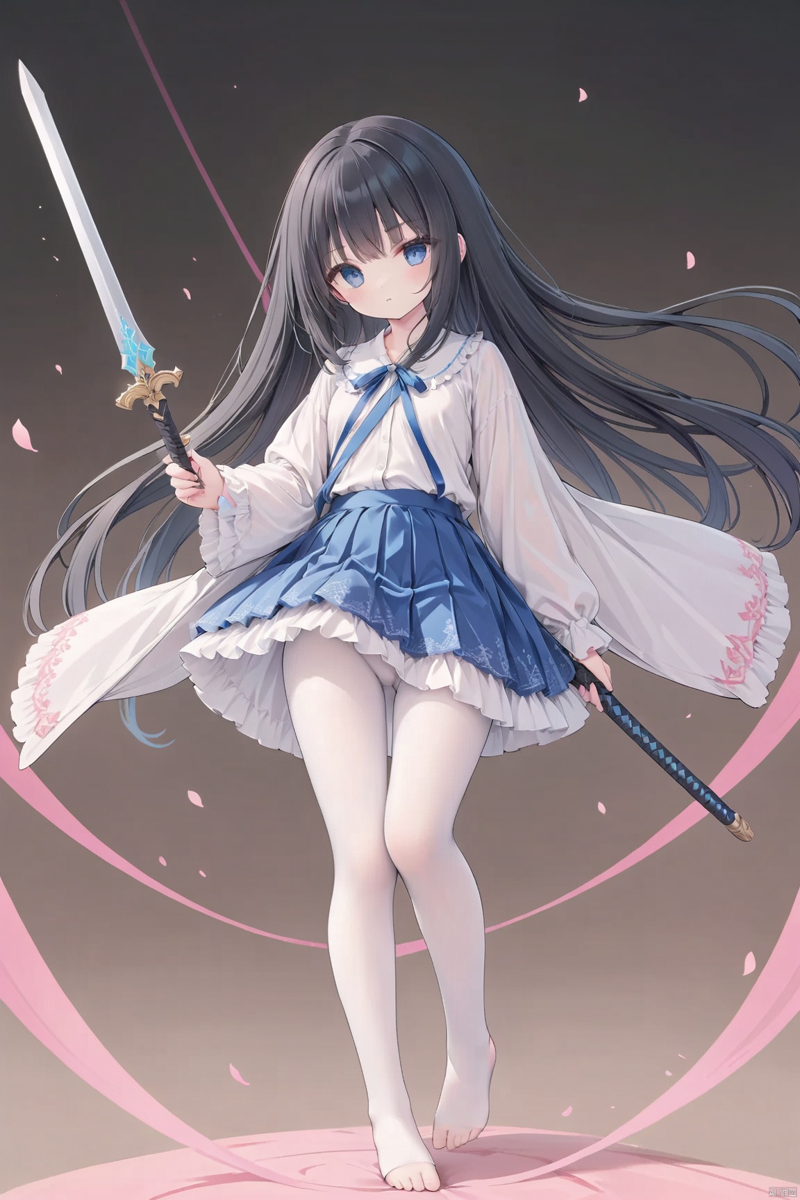  masterpiece,best quality,high quality,(colorful),[Artist onineko],[Artist chen bin],[Artist agwing86],Artist xukong, 1girl, solo, weapon, long hair, blue eyes, holding weapon, sword, holding, holding sword, looking at viewer, black hair, skirt, shirt, white shirt, long sleeves, white pantyhose,toeless_legwear