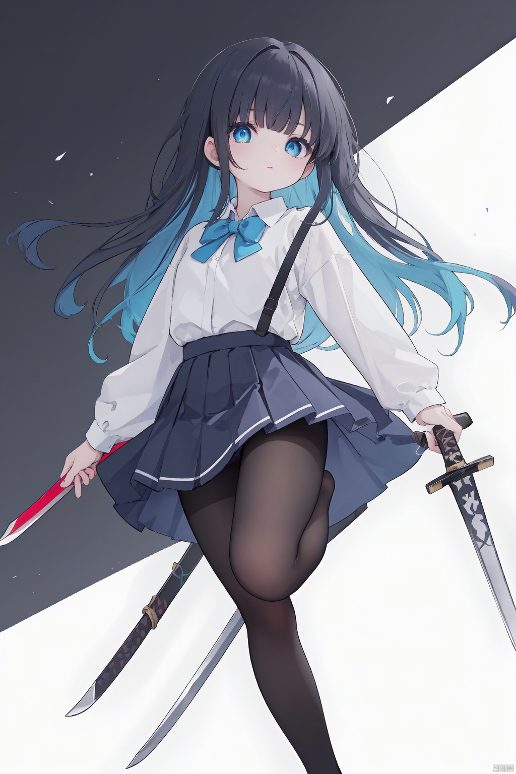  masterpiece,best quality,high quality,(colorful),[Artist onineko],[Artist chen bin],[Artist agwing86],Artist xukong, 1girl, solo, weapon, long hair, blue eyes, holding weapon, sword, holding, holding sword, looking at viewer, black hair, skirt, shirt, white shirt, long sleeves, black pantyhose,toeless_legwear