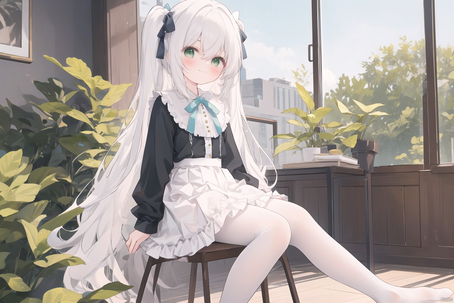  masterpiece,best quality,high quality,(colorful),1girl, solo, long hair, white pantyhose,toeless_legwear, green eyes, sitting, skirt, long sleeves, no shoes, looking at viewer, white hair, smile, white shirt, closed mouth, shirt, blush, frills, bow, hair between eyes, center frills, hair bow, full body, chair, plant, very long hair, frilled skirt, ribbon, indoors, sleeves past wrists, puffy sleeves