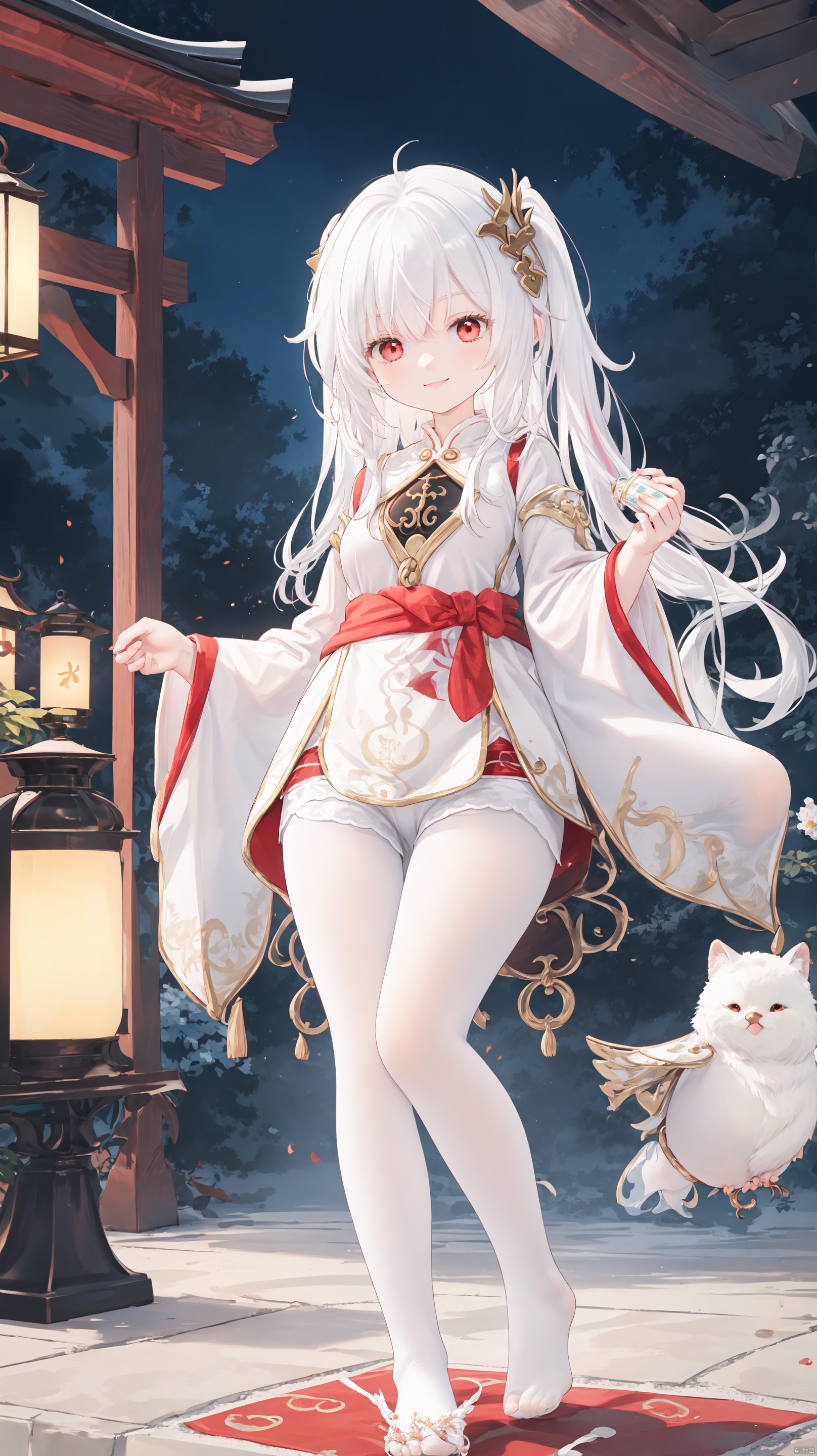  1girl, red_eyes, shide, bottle, flower, solo, white_hair, hair_ornament, holding, bird, bell, white pantyhose, shorts,  red_flower, hair_bell, black_shorts, looking_at_viewer, holding_bottle, breasts, wide_sleeves, horns, smile, lantern, outdoors, rope, cup, sakazuki, signature, white pantyhose,toeless_legwear, multicolored_hair, food, jingle_bell, red_hair, long_sleeves, japanese_clothes, sake_bottle, torii, holding_cup