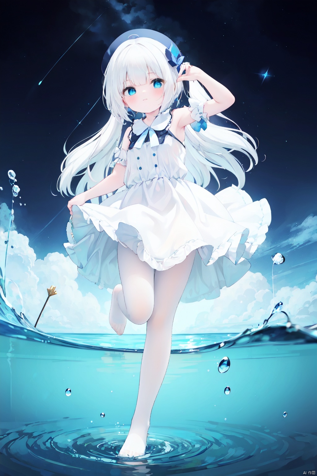 Multi layer white lace skirt,on  water surface, full body picture, white,pantyhose,stepping on the water surface, ripples, falling from the sky to the water surface, white haired blue eyed girl, jellyfish head, two strands of long hair, starry sky, dancing posture, blue courtesy, toeless_legwear