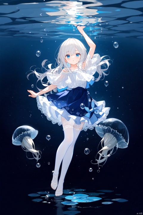 Multi layer white lace skirt,on  water surface, full body picture, white,pantyhose,stepping on the water surface, ripples, falling from the sky to the water surface, white haired blue eyed girl, jellyfish head, two strands of long hair, starry sky, dancing posture, blue courtesy, toeless_legwear