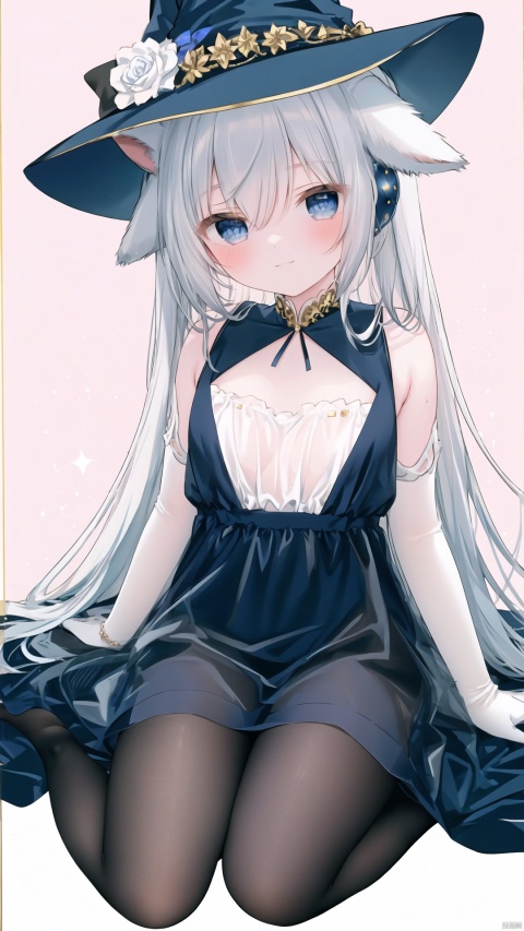 1girl, pleasant, loli, solo, animal ears, (horse ears:1.4), perfect face, round face, (perfect hands), (long straight hair), hair ornament, blue rose, bangs, hair between eyes,closed mouth, gentle smile, witch hat, (halter neck, strapless dress, sleeveless dress, (see-through)), covered breasts, bare shoulder, sleeveless), gown, neck jewelry, lace, elegant, elbow gloves, gold_trim,white pantyhose,toeless_legwear, full body, sitting in the sky,head slit, small breasts, starry sky, night