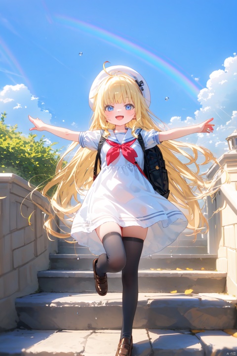 1girl, solo, white headwear, outdoors, rainbow, dress, day, brown footwear, thighhighs, long hair, sailor dress, short sleeves, hat, blonde hair, puffy short sleeves, shoes, puffy sleeves, sailor collar, open mouth, water drop, white dress, sky, loafers, blush, very long hair, blue sky, cloud, beret, backpack, smile, bag, black thighhighs, standing on one leg, :d, standing, bangs, fang, neckerchief, red neckerchief, ahoge, stone stairs, depth of field, cloudy sky, looking at viewer, blue eyes, blurry, blue sailor collar, black sailor collar, outstretched arms.white pantyhose