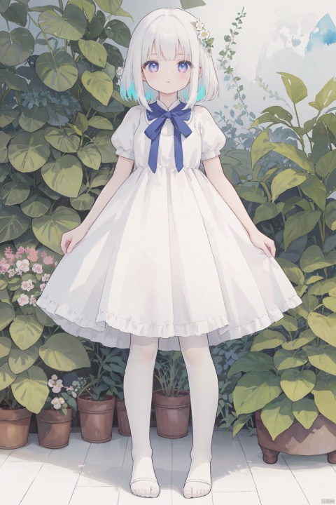 masterpiece,best quality,high quality,(colorful),[Artist onineko],[Artist chen bin],[Artist agwing86],
white pantyhose,toeless_legwear,watercolor,masterpiece,best quality,extremely detailed,1girl,full body,beautiful detailed eyes,cute anime face,full body,beautiful detailed face,white hair,(Botanical illustration:1.5),white dress,1 girl,ziyi,