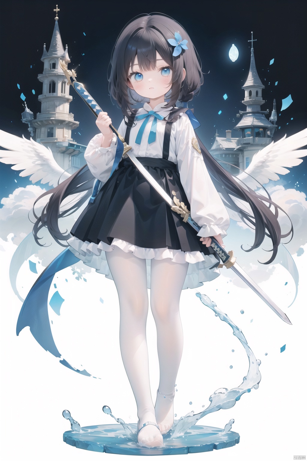  masterpiece,best quality,high quality,(colorful),[Artist onineko],[Artist chen bin],[Artist agwing86],Artist xukong, 1girl, solo, weapon, long hair, blue eyes, holding weapon, sword, holding, holding sword, looking at viewer, black hair, skirt, shirt, white shirt, long sleeves, white pantyhose,toeless_legwear