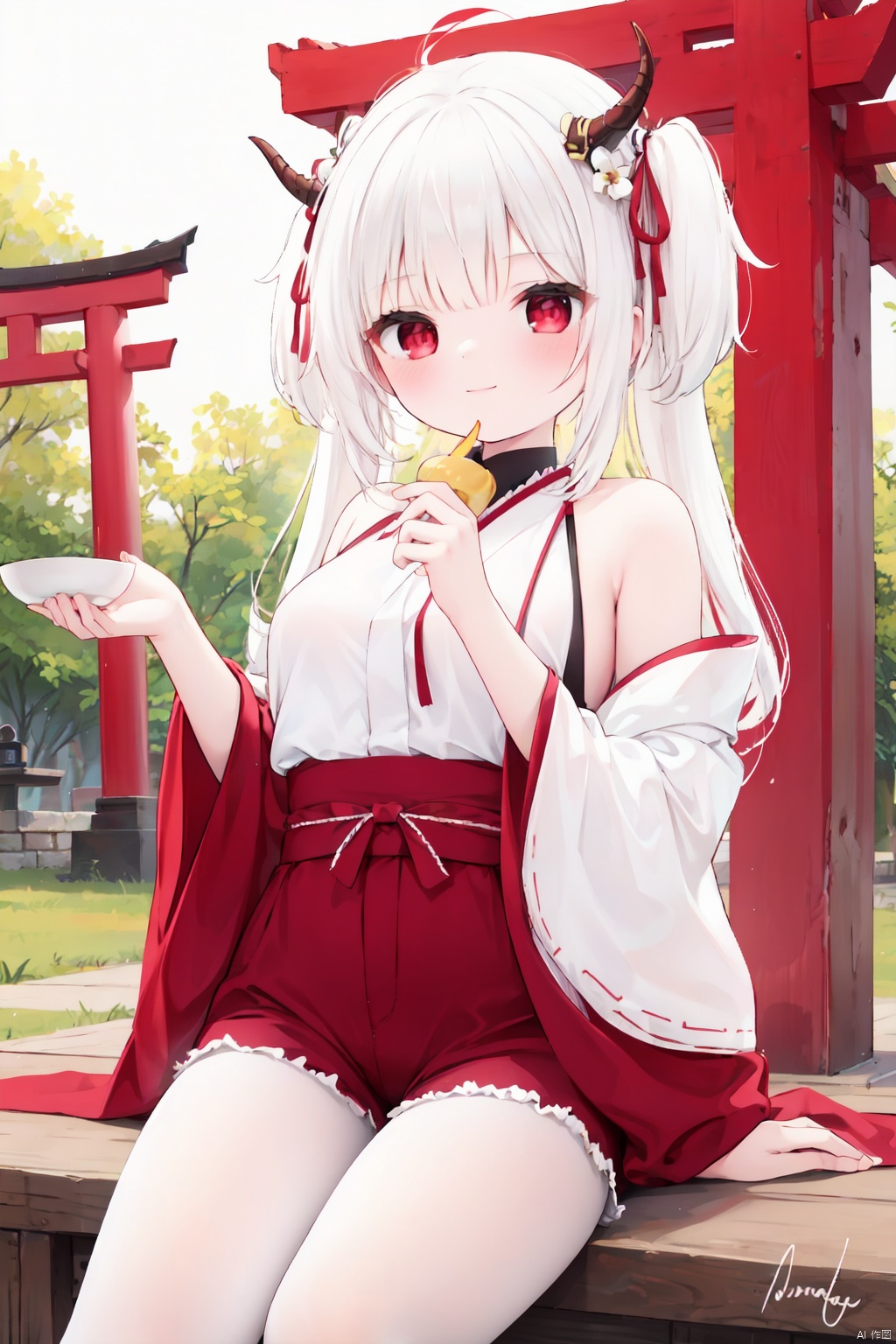  1girl, red_eyes, shide, bottle, flower, solo, white_hair, hair_ornament, holding, bird, bell, white pantyhose, shorts,  red_flower, hair_bell, black_shorts, looking_at_viewer, holding_bottle, breasts, wide_sleeves, horns, smile, lantern, outdoors, rope, cup, sakazuki, signature, white pantyhose,toeless_legwear, multicolored_hair, food, jingle_bell, red_hair, long_sleeves, japanese_clothes, sake_bottle, torii, holding_cup