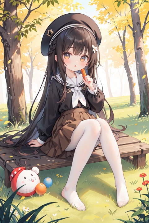  1girl, solo, long hair, bangs, skirt, black hair, long sleeves, hat, dress, sitting, very long hair, white pantyhose, outdoors, no shoes, day, tree, black pantyhose, beret, sunlight, grass, nature, scenery, red headwear, forest, brown skirt, balloon,easel,