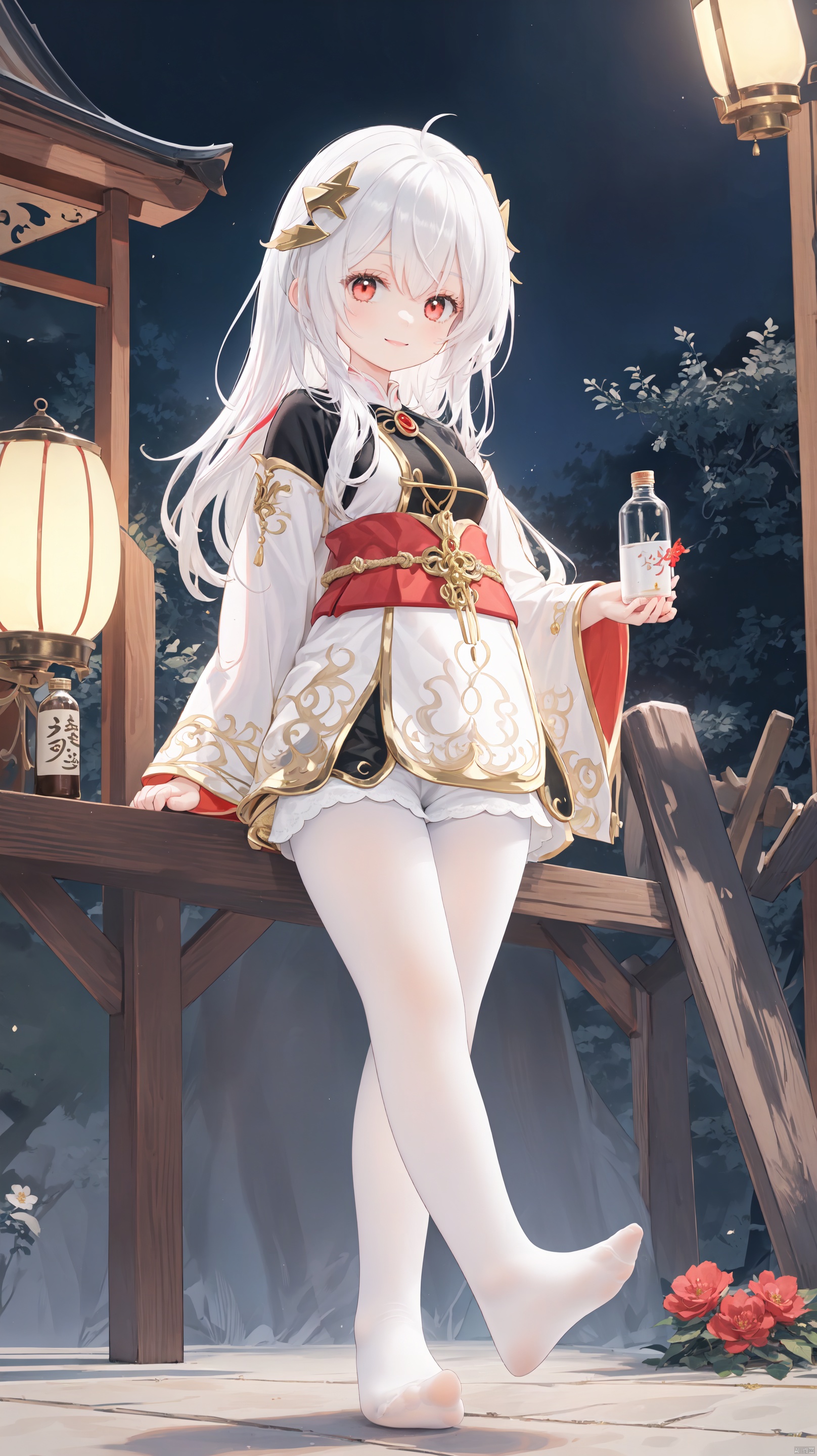  1girl, red_eyes, shide, bottle, flower, solo, white_hair, hair_ornament, holding, bird, bell, white pantyhose, shorts,  red_flower, hair_bell, black_shorts, looking_at_viewer, holding_bottle, breasts, wide_sleeves, horns, smile, lantern, outdoors, rope, cup, sakazuki, signature, white pantyhose,toeless_legwear, multicolored_hair, food, jingle_bell, red_hair, long_sleeves, japanese_clothes, sake_bottle, torii, holding_cup