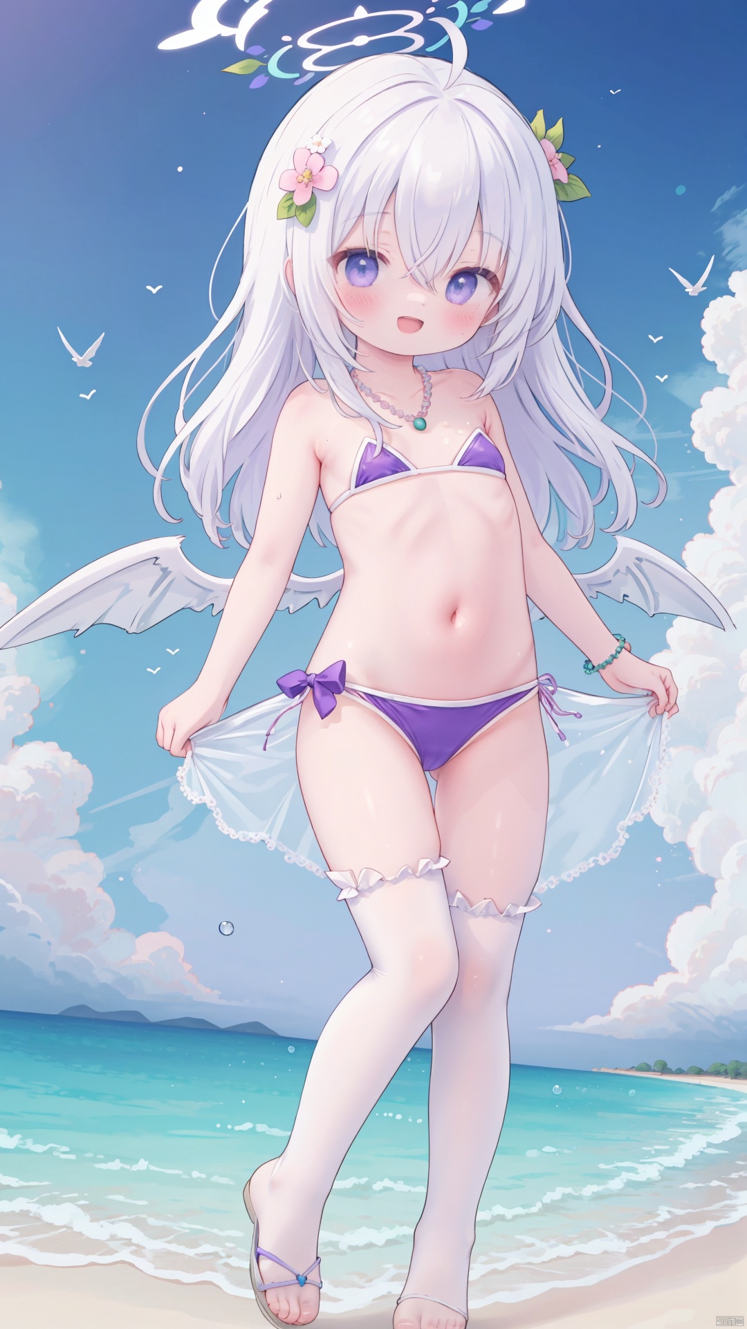  masterpiece,best quality,high quality,(colorful),[Artist miwano rag],[Artist chen bin],[Artist wlop],Artist momomoi momoi, 1girl, solo, hair ornament, azusa (blue archive), swimsuit, hair flower, bikini, long hair, flower, necklace, jewelry, frilled bikini, looking at viewer, frills, hair between eyes, blush, open mouth, smile, wings, halo, bow, bead necklace, strapless, beads, ahoge, bare shoulders, strapless bikini, outdoors, purple flower, official alternate costume, knees up, crossed bangs, white hair,white pantyhose,toeless_legwear