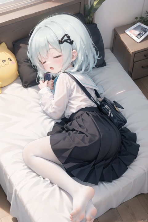 masterpiece,best quality,high quality,(colorful),[Artist onineko],[Artist chen bin],[Artist agwing86],Artist minato ojitan, 1girl, solo, lying, phone, on back, cellphone, skirt, closed eyes, bow, pillow, smartphone, white pantyhose, shirt, hair ornament, pleated skirt, sleeping, earphones, white shirt, school uniform, on bed, indoors, long hair, bowtie, blush, bed, hairclip, toeless_legwear, long sleeves, grey skirt, earbuds, breasts,open mouth, bag, school bag, collared shirt, no shoes, open skirt, small breasts, wooden floor, from above, black bowtie, white hair,green hair,hair ornament, gradient hair