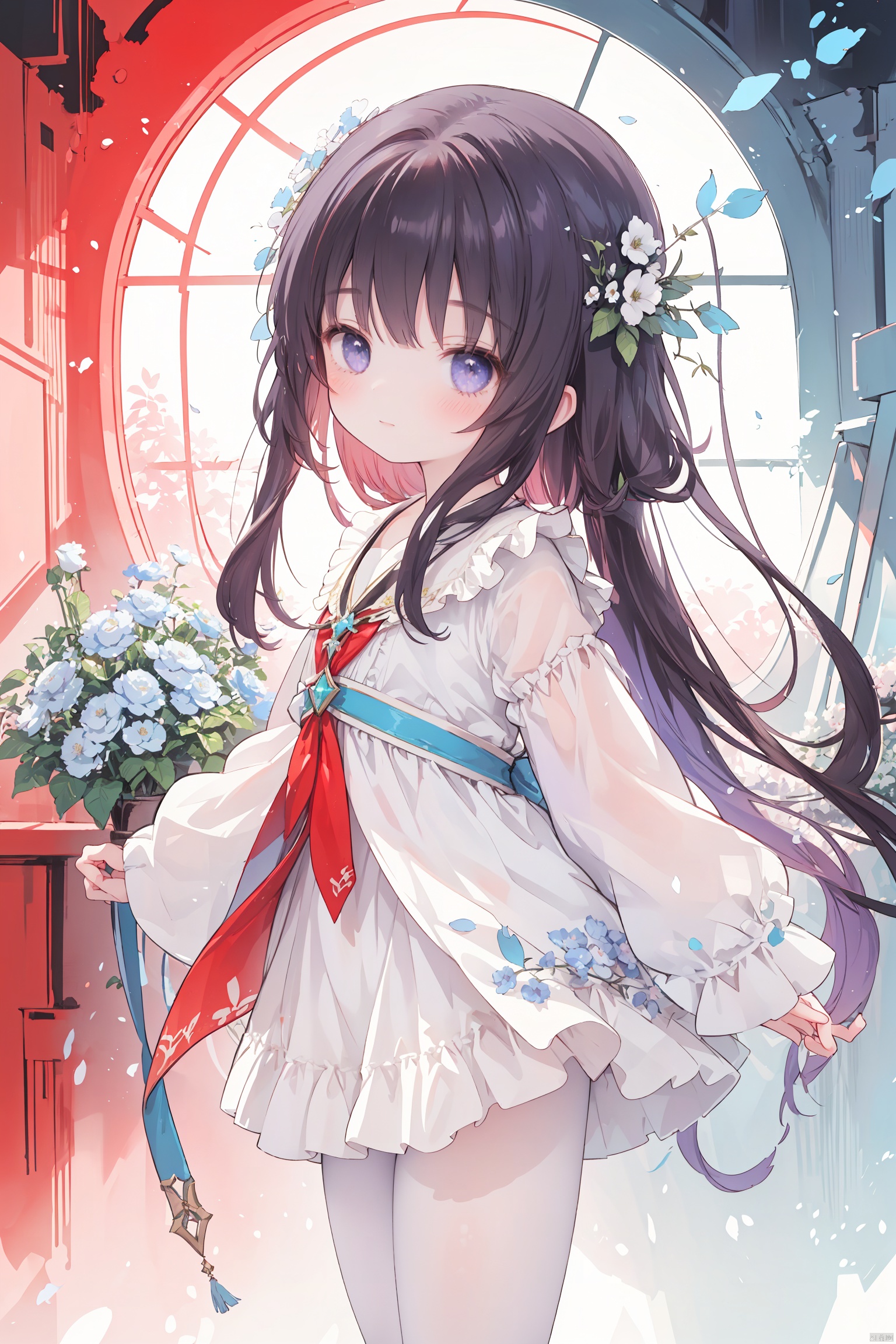  1girl, long hair, flower, Lisianthus, in the style of red and light azure, dreamy and romantic compositions, red, ethereal foliage, playful arrangements, fantasy, high contrast, ink strokes, explosions, over exposure, purple and red tone impression, abstract, whole body capture, ,
, 1girl, loli,white pantyhose