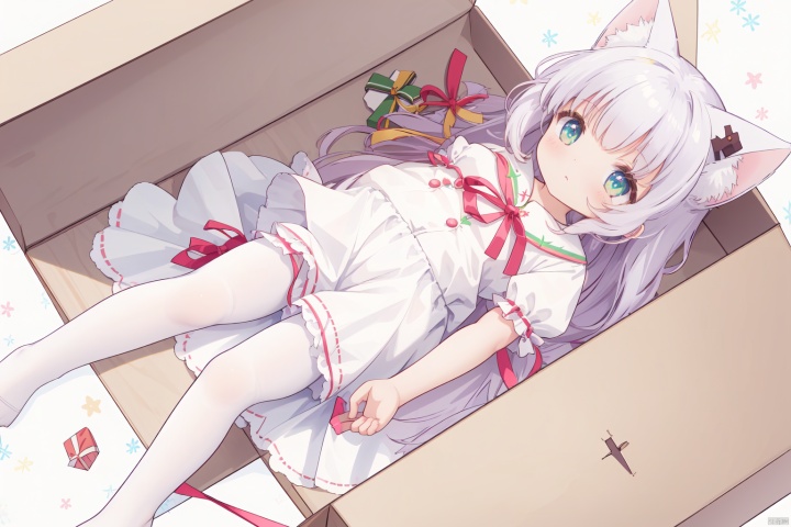  1girl,loli,petite child,cat ears,( ribbon:1.2),christmas,full body,in gift box,highres fix, ( ribbon:1.2),((masterpiece)), (best quality:1.2),(very fine 8K CG wallpaper1.2),colorful,(ultra-detailed:1.2),(illustration:1.2),white pantyhose

