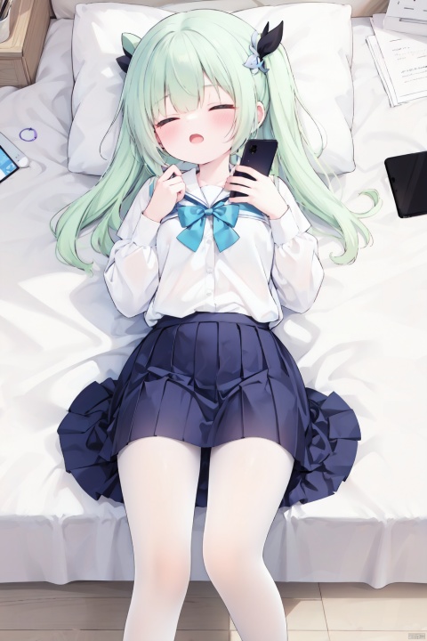 masterpiece,best quality,high quality,(colorful),[Artist onineko],[Artist chen bin],[Artist agwing86],Artist minato ojitan, 1girl, solo, lying, phone, on back, cellphone, skirt, closed eyes, bow, pillow, smartphone, white pantyhose, shirt, hair ornament, pleated skirt, sleeping, earphones, white shirt, school uniform, on bed, indoors, long hair, bowtie, blush, bed, hairclip, toeless_legwear, long sleeves, grey skirt, earbuds, breasts,open mouth, bag, school bag, collared shirt, no shoes, open skirt, small breasts, wooden floor, from above, black bowtie, white hair,green hair,hair ornament, gradient hair,nahida (genshin impact)