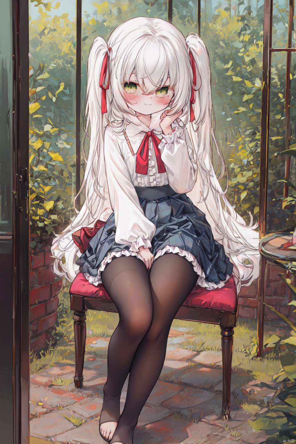  masterpiece,best quality,high quality,(colorful),1girl, solo, long hair, white pantyhose,toeless_legwear, green eyes, sitting, skirt, long sleeves, no shoes, looking at viewer, white hair, smile, white shirt, closed mouth, shirt, blush, frills, bow, hair between eyes, center frills, hair bow, full body, chair, plant, very long hair, frilled skirt, ribbon, indoors, sleeves past wrists, puffy sleeves