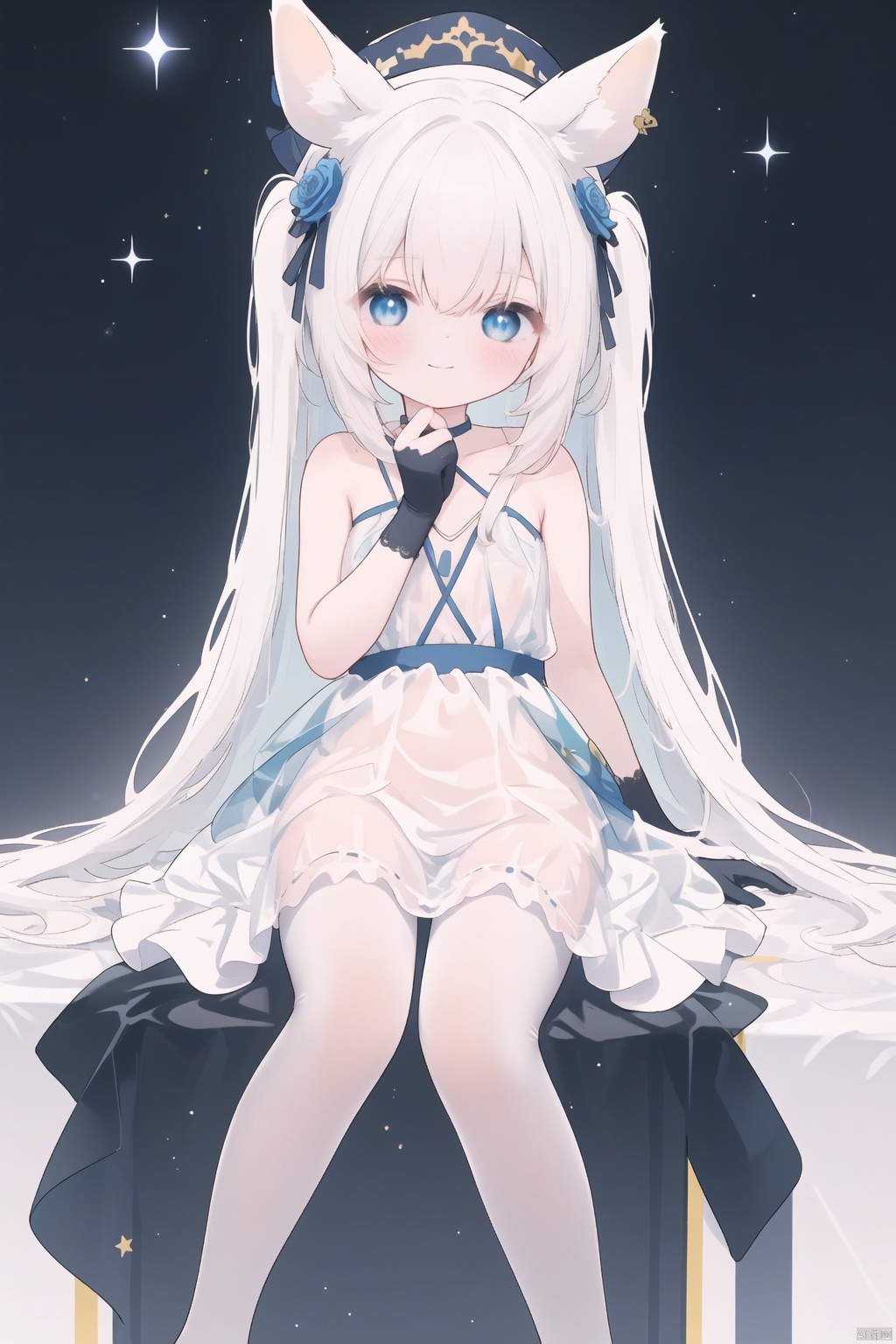 1girl, pleasant, loli, solo, animal ears, (horse ears:1.4), perfect face, round face, (perfect hands), (long straight hair), hair ornament, blue rose, bangs, hair between eyes,closed mouth, gentle smile, witch hat, (halter neck, strapless dress, sleeveless dress, (see-through)), covered breasts, bare shoulder, sleeveless), gown, neck jewelry, lace, elegant, elbow gloves, gold_trim,white pantyhose,toeless_legwear, full body, sitting in the sky,head slit, small breasts, starry sky, night