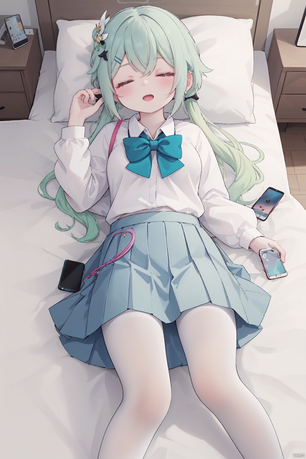 masterpiece,best quality,high quality,(colorful),[Artist onineko],[Artist chen bin],[Artist agwing86],Artist minato ojitan, 1girl, solo, lying, phone, on back, cellphone, skirt, closed eyes, bow, pillow, smartphone, white pantyhose, shirt, hair ornament, pleated skirt, sleeping, earphones, white shirt, school uniform, on bed, indoors, long hair, bowtie, blush, bed, hairclip, toeless_legwear, long sleeves, grey skirt, earbuds, breasts,open mouth, bag, school bag, collared shirt, no shoes, open skirt, small breasts, wooden floor, from above, black bowtie, white hair,green hair,hair ornament, gradient hair,nahida (genshin impact)