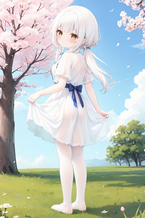 masterpiece,best quality,high quality,loli,1girl, solo, long hair, looking at viewer, blush, bangs, white pantyhose,toeless_legwear, dress, ribbon, brown eyes, very long hair, closed mouth, standing, full body, yellow eyes, white hair, short sleeves, outdoors, sky,no shoes, day, puffy sleeves, looking back, cloud, from behind, white dress,no shoes, red ribbon, tree, blue sky, puffy short sleeves, petals, cherry blossoms, skirt hold,