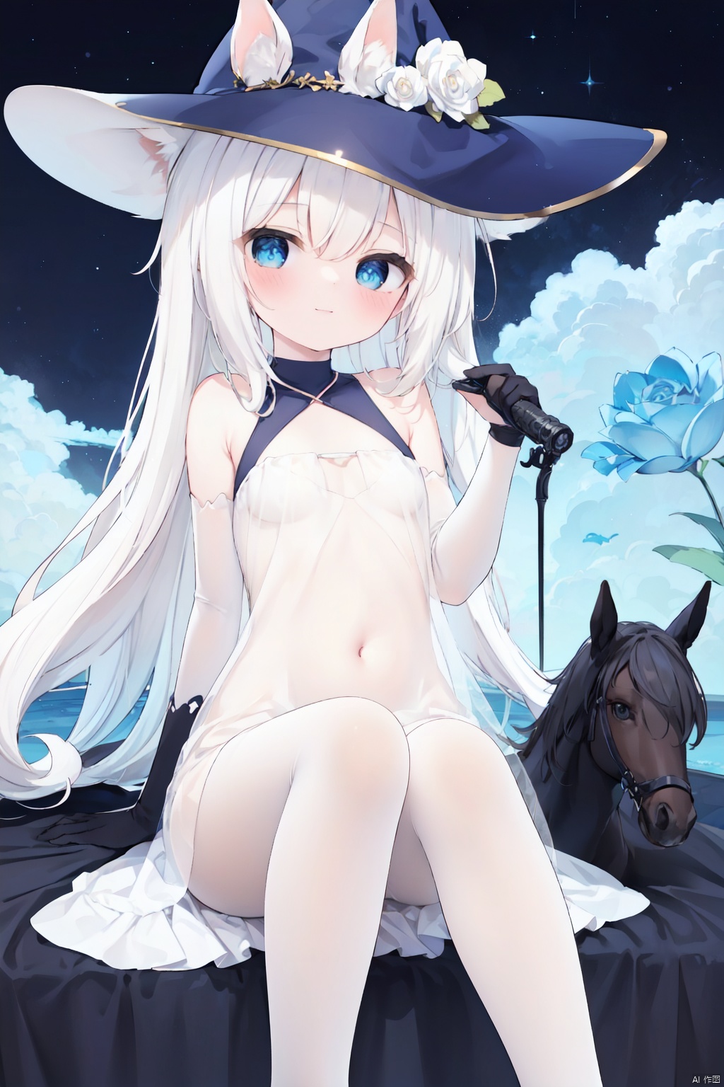 1girl, pleasant, loli, solo, animal ears, (horse ears:1.4), perfect face, round face, (perfect hands), (long straight hair), hair ornament, blue rose, bangs, hair between eyes,closed mouth, gentle smile, witch hat, (halter neck, strapless dress, sleeveless dress, (see-through)), covered breasts, bare shoulder, sleeveless), gown, neck jewelry, lace, elegant, elbow gloves, gold_trim,white pantyhose,toeless_legwear, full body, sitting in the sky,head slit, small breasts, starry sky, night