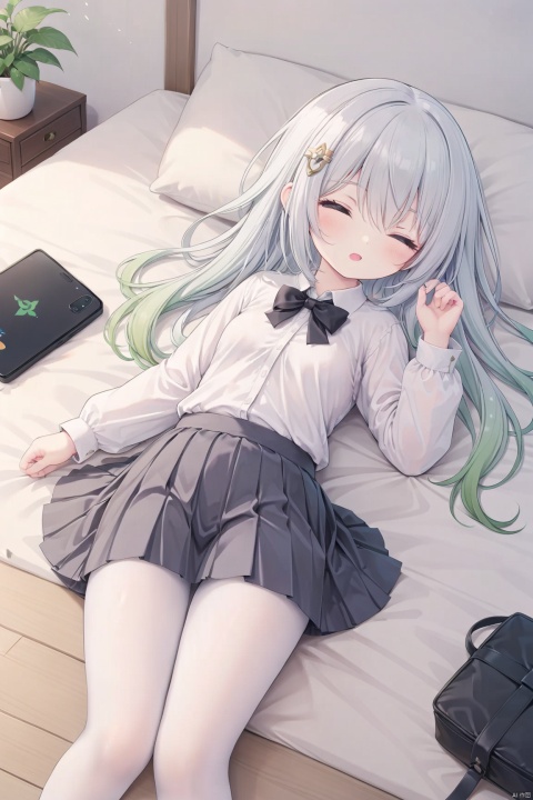 masterpiece,best quality,high quality,(colorful),[Artist onineko],[Artist chen bin],[Artist agwing86],Artist minato ojitan, 1girl, solo, lying, phone, on back, cellphone, skirt, closed eyes, bow, pillow, smartphone, white pantyhose, shirt, hair ornament, pleated skirt, sleeping, earphones, white shirt, school uniform, on bed, indoors, long hair, bowtie, blush, bed, hairclip, toeless_legwear, long sleeves, grey skirt, earbuds, breasts,open mouth, bag, school bag, collared shirt, no shoes, open skirt, small breasts, wooden floor, from above, black bowtie, white hair,green hair,hair ornament, gradient hair,nahida (genshin impact)