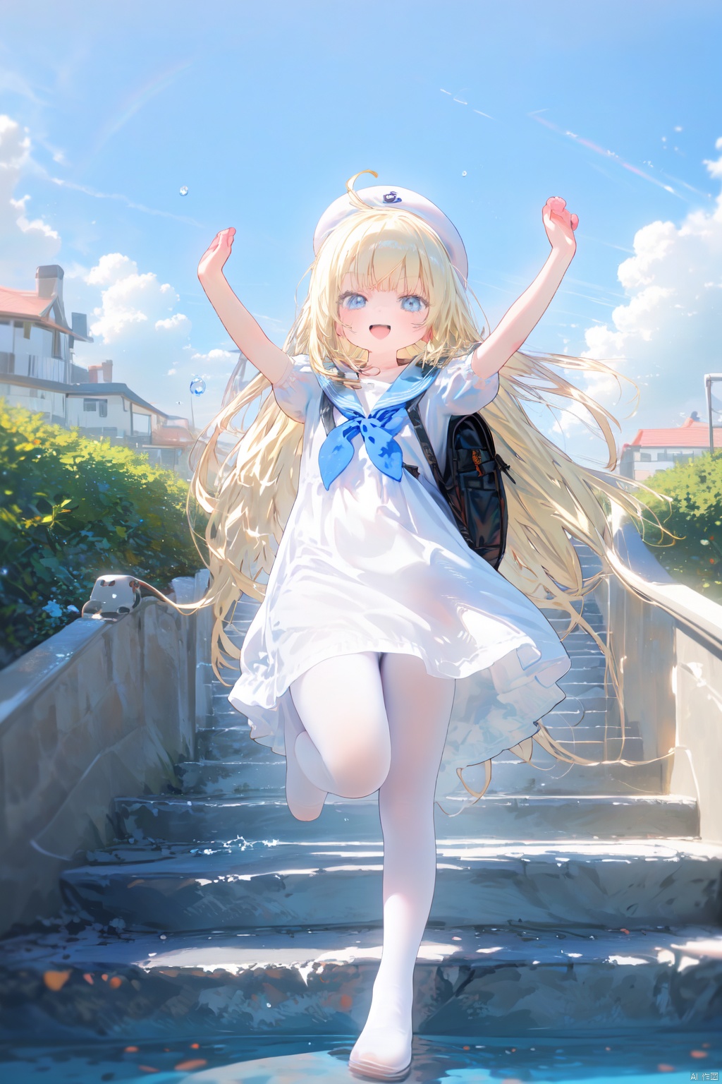 1girl, solo, white headwear, outdoors, rainbow, dress, day, long hair, sailor dress, short sleeves, hat, blonde hair, puffy short sleeves, shoes, puffy sleeves, sailor collar, open mouth, water drop, white dress, sky, loafers, blush, very long hair, blue sky, cloud, beret, backpack, smile, bag,white pantyhose, standing on one leg, :d, standing, bangs, fang, neckerchief, red neckerchief, ahoge, stone stairs, depth of field, cloudy sky, looking at viewer, blue eyes, blurry, blue sailor collar, black sailor collar, outstretched arms,(no shoes),toeless_legwear