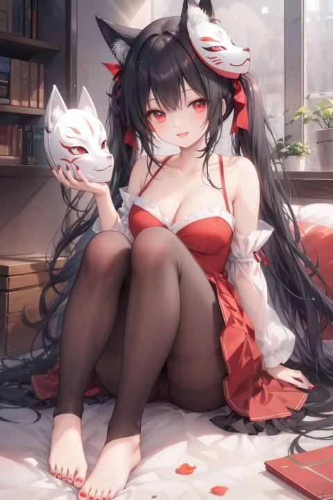 1girl, mask, fox_mask, barefoot, long_hair, solo, twintails, black_hair, breasts, red_eyes, holding, smile, looking_at_viewer, fish, white pantyhose, feet, dress, bare_shoulders, detached_sleeves, open_mouth, toes, mask_on_head, cleavage, red_nails, legs, red_dress