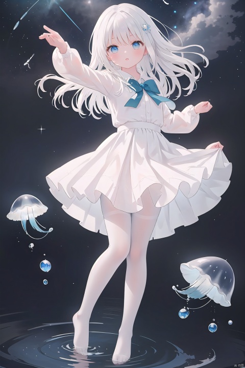 Multi layer white lace skirt,on  water surface, full body picture, white,pantyhose,stepping on the water surface, ripples, falling from the sky to the water surface, white haired blue eyed girl, jellyfish head, two strands of long hair, starry sky, dancing posture, blue courtesy, toeless_legwear