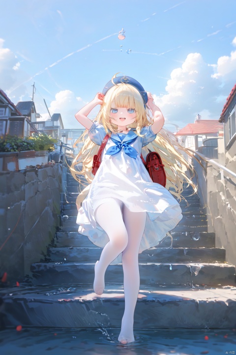 1girl, solo, white headwear, outdoors, rainbow, dress, day, long hair, sailor dress, short sleeves, hat, blonde hair, puffy short sleeves, shoes, puffy sleeves, sailor collar, open mouth, water drop, white dress, sky, loafers, blush, very long hair, blue sky, cloud, beret, backpack, smile, bag,white pantyhose, standing on one leg, :d, standing, bangs, fang, neckerchief, red neckerchief, ahoge, stone stairs, depth of field, cloudy sky, looking at viewer, blue eyes, blurry, blue sailor collar, black sailor collar, outstretched arms,(no shoes),toeless_legwear