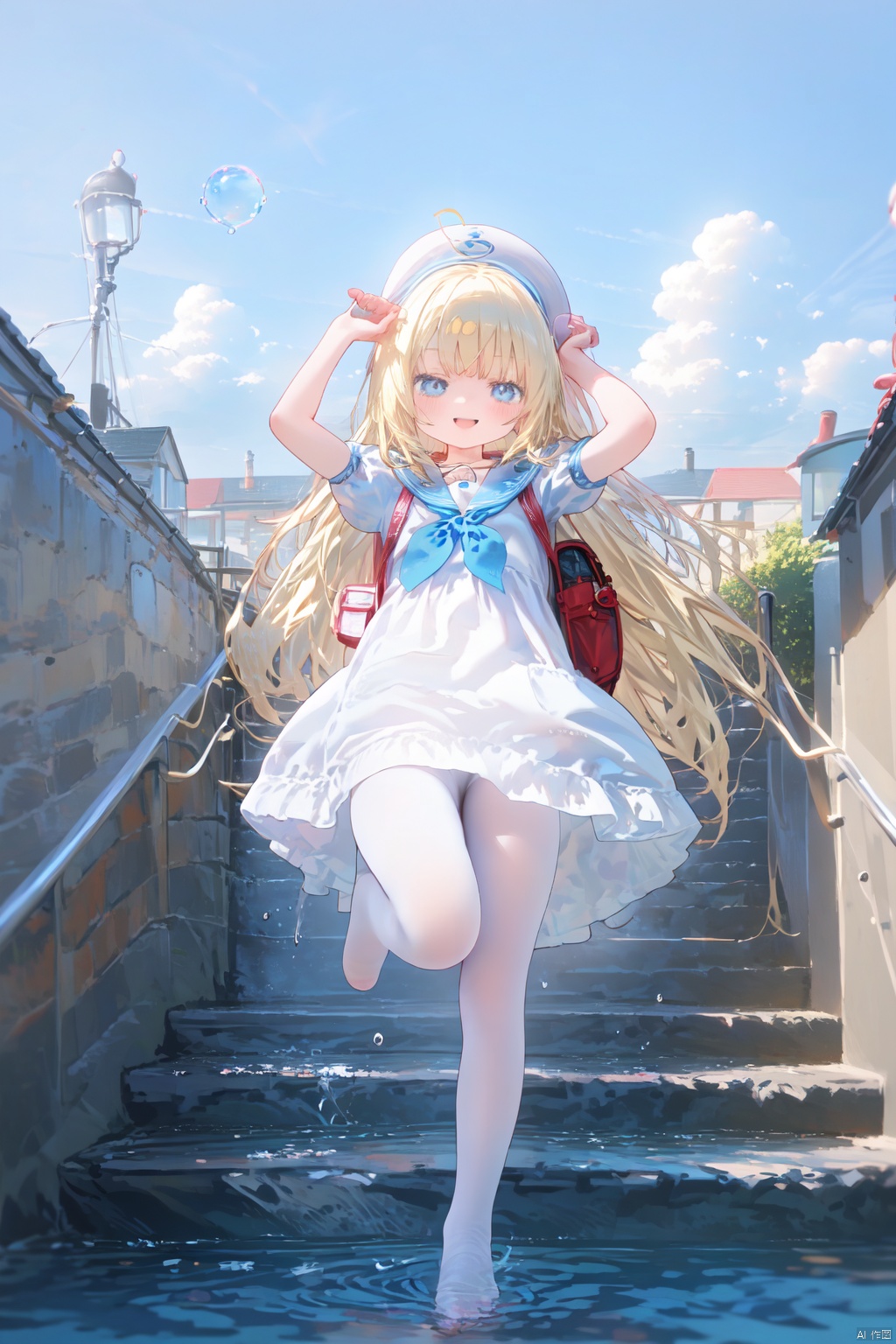 1girl, solo, white headwear, outdoors, rainbow, dress, day, long hair, sailor dress, short sleeves, hat, blonde hair, puffy short sleeves, shoes, puffy sleeves, sailor collar, open mouth, water drop, white dress, sky, loafers, blush, very long hair, blue sky, cloud, beret, backpack, smile, bag,white pantyhose, standing on one leg, :d, standing, bangs, fang, neckerchief, red neckerchief, ahoge, stone stairs, depth of field, cloudy sky, looking at viewer, blue eyes, blurry, blue sailor collar, black sailor collar, outstretched arms,(no shoes),toeless_legwear