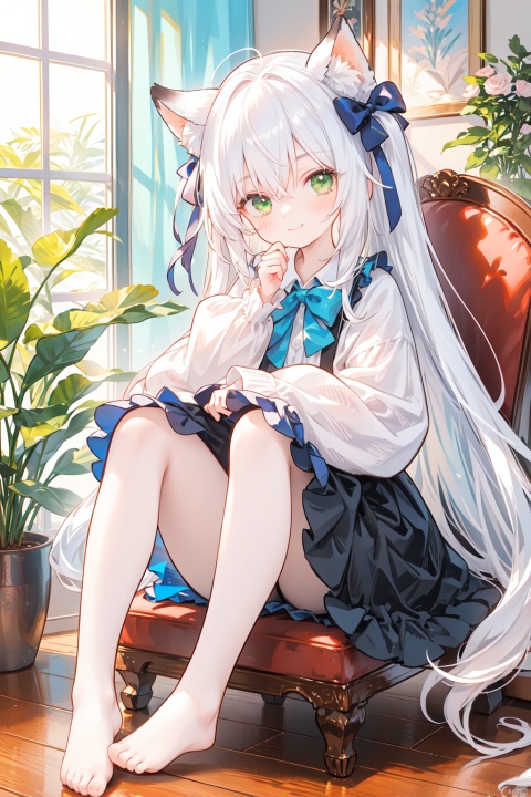  masterpiece,best quality,high quality,(colorful),1girl, solo, long hair, black pantyhose,toeless_legwear, green eyes, sitting, skirt, long sleeves, no shoes, looking at viewer, white hair, smile, white shirt, closed mouth, shirt, blush, frills, bow, hair between eyes, center frills, hair bow, full body, chair, plant, very long hair, frilled skirt, ribbon, indoors, sleeves past wrists, puffy sleeves