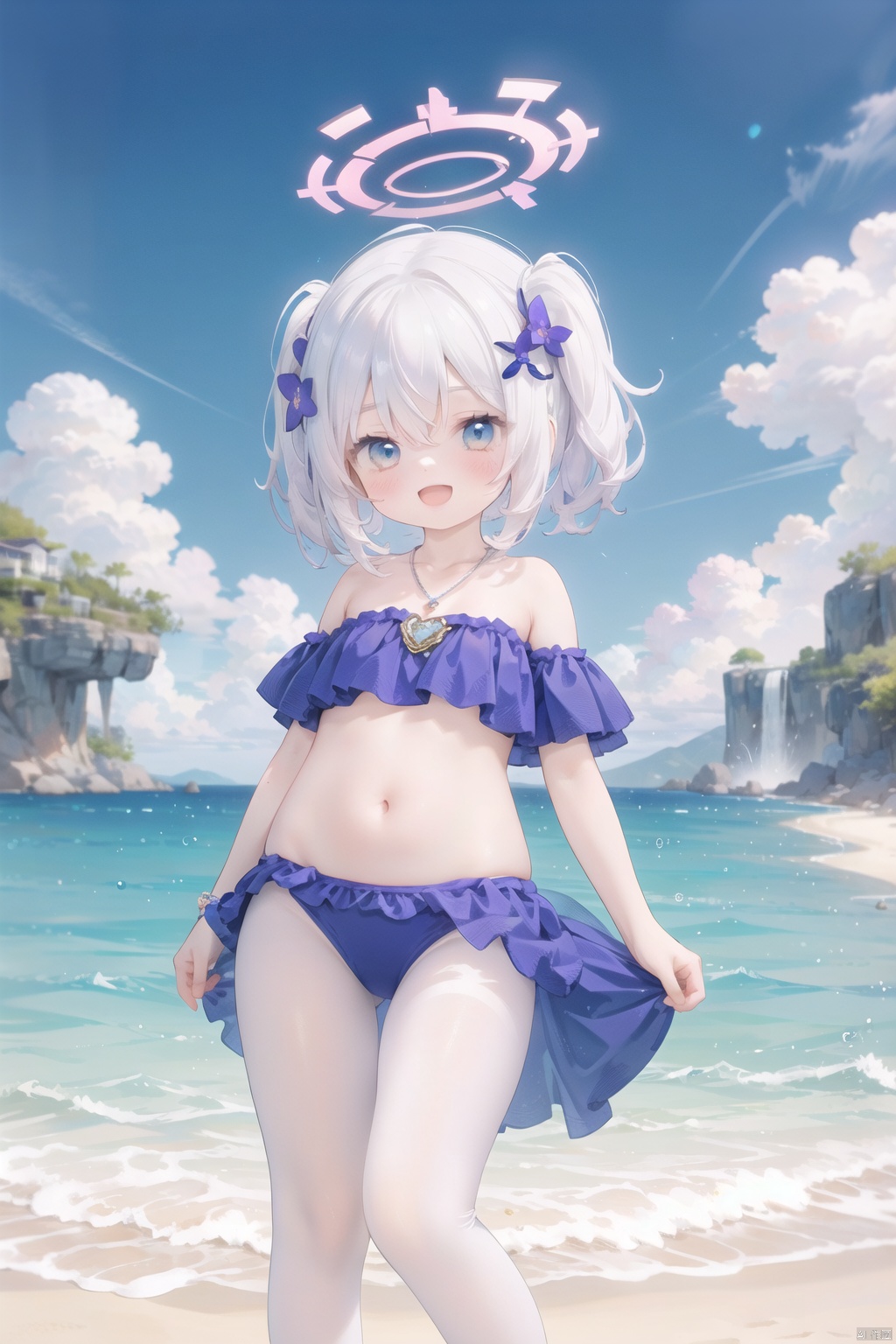  masterpiece,best quality,high quality,(colorful),[Artist miwano rag],[Artist chen bin],[Artist wlop],Artist momomoi momoi, 1girl, solo, hair ornament, azusa (blue archive), swimsuit, hair flower, bikini, long hair, flower, necklace, jewelry, frilled bikini, looking at viewer, frills, hair between eyes, blush, open mouth, smile, wings, halo, bow, bead necklace, strapless, beads, ahoge, bare shoulders, strapless bikini, outdoors, purple flower, official alternate costume, knees up, crossed bangs, white hair,white pantyhose,toeless_legwear