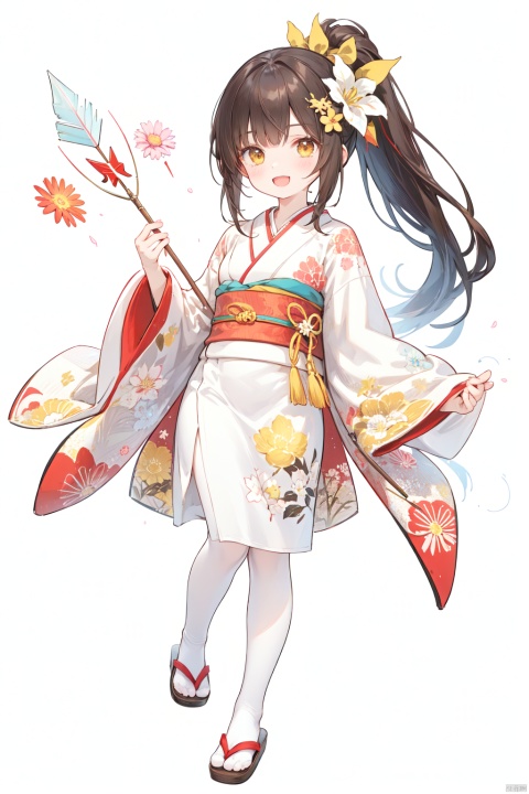 1girl, solo, long hair, breasts, looking at viewer, blush, smile, open mouth, bangs, simple background, brown hair, black hair, hair ornament, long sleeves, white background, holding, brown eyes, yellow eyes, ponytail, flower, :d, sidelocks, japanese clothes, socks, hair flower, wide sleeves, kimono, sash, bell, obi, floral print, sandals, white pantyhose, jingle bell, new year, white kimono, arrow \(projectile\), tabi, holding arrow, hamaya, ema