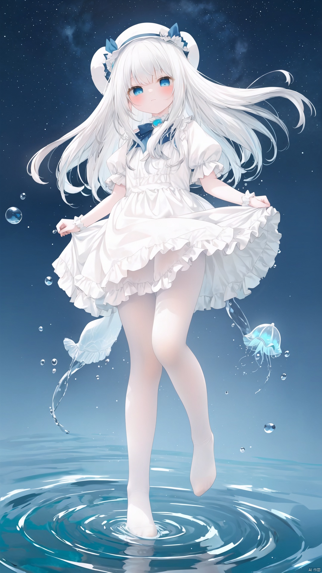 Multi layer white lace skirt,on water surface, full body picture, white,pantyhose,stepping on the water surface, ripples, falling from the sky to the water surface, white haired blue eyed girl, jellyfish head, two strands of long hair, starry sky, dancing posture, blue courtesy, toeless_legwear