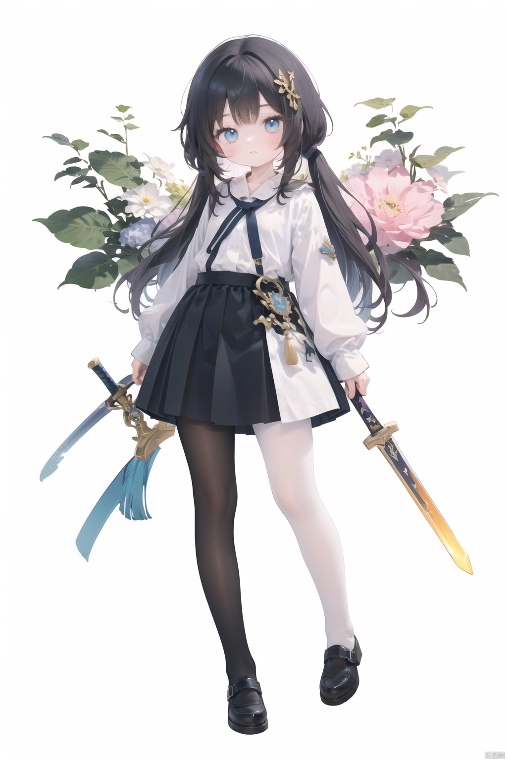  masterpiece,best quality,high quality,(colorful),[Artist onineko],[Artist chen bin],[Artist agwing86],Artist xukong, 1girl, solo, weapon, long hair, blue eyes, holding weapon, sword, holding, holding sword, looking at viewer, black hair, skirt, shirt, white shirt, long sleeves, white pantyhose,toeless_legwear