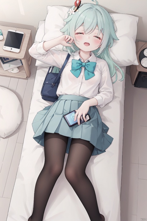 masterpiece,best quality,high quality,(colorful),[Artist onineko],[Artist chen bin],[Artist agwing86],Artist minato ojitan, 1girl, solo, lying, phone, on back, cellphone, skirt, closed eyes, bow, pillow, smartphone, white pantyhose, shirt, hair ornament, pleated skirt, sleeping, earphones, white shirt, school uniform, on bed, indoors, long hair, bowtie, blush, bed, hairclip, toeless_legwear, long sleeves, grey skirt, earbuds, breasts,open mouth, bag, school bag, collared shirt, no shoes, open skirt, small breasts, wooden floor, from above, black bowtie, white hair,green hair,hair ornament, gradient hair,nahida (genshin impact)