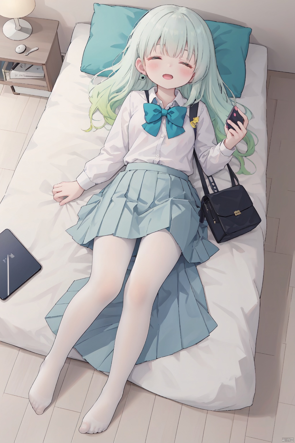 masterpiece,best quality,high quality,(colorful),[Artist onineko],[Artist chen bin],[Artist agwing86],Artist minato ojitan, 1girl, solo, lying, phone, on back, cellphone, skirt, closed eyes, bow, pillow, smartphone, white pantyhose, shirt, hair ornament, pleated skirt, sleeping, earphones, white shirt, school uniform, on bed, indoors, long hair, bowtie, blush, bed, hairclip, toeless_legwear, long sleeves, grey skirt, earbuds, breasts,open mouth, bag, school bag, collared shirt, no shoes, open skirt, small breasts, wooden floor, from above, black bowtie, white hair,green hair,hair ornament, gradient hair