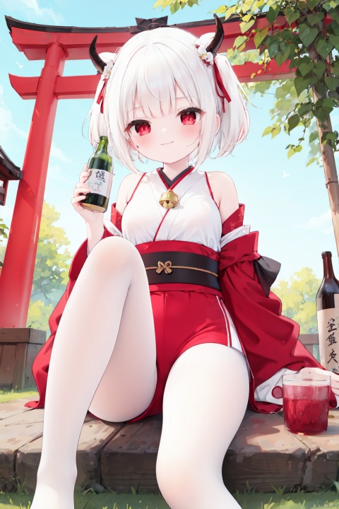  1girl, red_eyes, shide, bottle, flower, solo, white_hair, hair_ornament, holding, bird, bell, white pantyhose, shorts,  red_flower, hair_bell, black_shorts, looking_at_viewer, holding_bottle, breasts, wide_sleeves, horns, smile, lantern, outdoors, rope, cup, sakazuki, signature, white pantyhose,toeless_legwear, multicolored_hair, food, jingle_bell, red_hair, long_sleeves, japanese_clothes, sake_bottle, torii, holding_cup