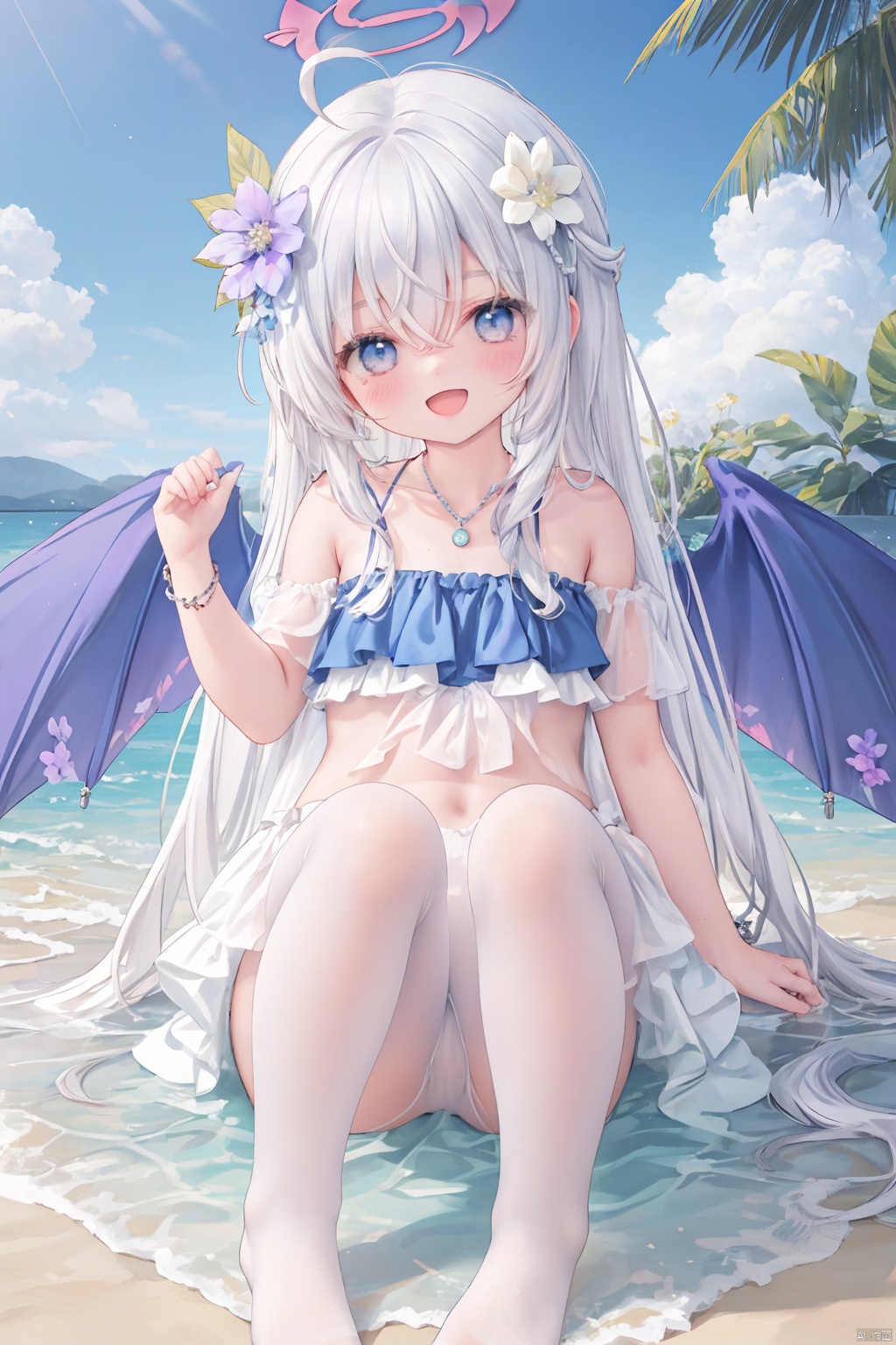  masterpiece,best quality,high quality,(colorful),[Artist miwano rag],[Artist chen bin],[Artist wlop],Artist momomoi momoi, 1girl, solo, hair ornament, azusa (blue archive), swimsuit, hair flower, bikini, long hair, flower, necklace, jewelry, frilled bikini, looking at viewer, frills, hair between eyes, blush, open mouth, smile, wings, halo, bow, bead necklace, strapless, beads, ahoge, bare shoulders, strapless bikini, outdoors, purple flower, official alternate costume, knees up, crossed bangs, white hair,white pantyhose,toeless_legwear