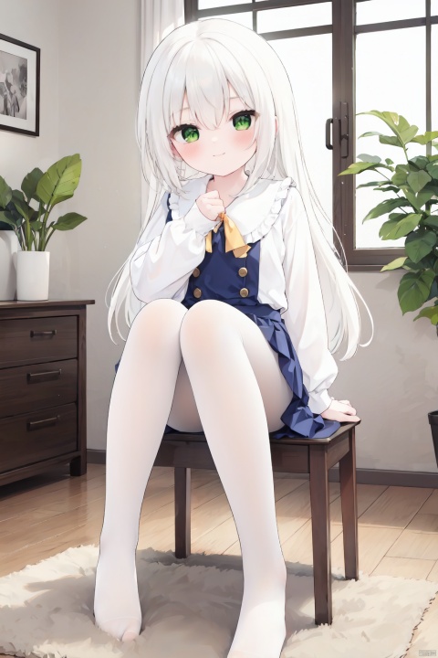  masterpiece,best quality,high quality,(colorful),1girl, solo, long hair, white pantyhose,toeless_legwear, green eyes, sitting, skirt, long sleeves, no shoes, looking at viewer, white hair, smile, white shirt, closed mouth, shirt, blush, frills, bow, hair between eyes, center frills, hair bow, full body, chair, plant, very long hair, frilled skirt, ribbon, indoors, sleeves past wrists, puffy sleeves