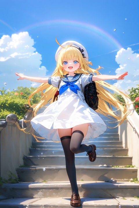 1girl, solo, white headwear, outdoors, rainbow, dress, day, brown footwear, thighhighs, long hair, sailor dress, short sleeves, hat, blonde hair, puffy short sleeves, shoes, puffy sleeves, sailor collar, open mouth, water drop, white dress, sky, loafers, blush, very long hair, blue sky, cloud, beret, backpack, smile, bag, black thighhighs, standing on one leg, :d, standing, bangs, fang, neckerchief, red neckerchief, ahoge, stone stairs, depth of field, cloudy sky, looking at viewer, blue eyes, blurry, blue sailor collar, black sailor collar, outstretched arms