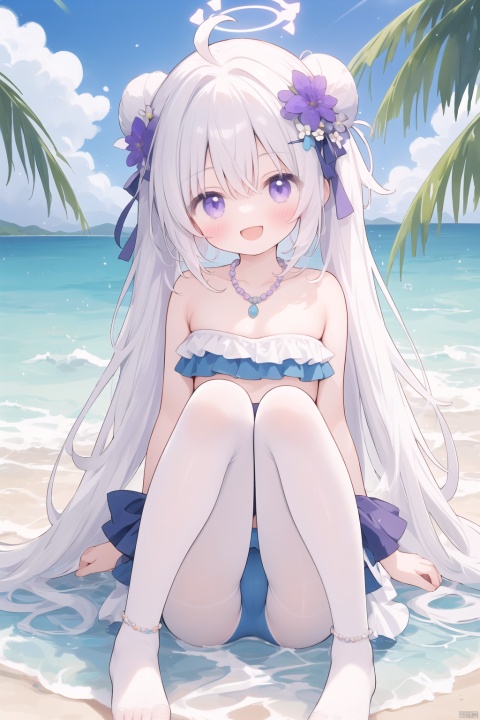  masterpiece,best quality,high quality,(colorful),[Artist miwano rag],[Artist chen bin],[Artist wlop],Artist momomoi momoi, 1girl, solo, hair ornament, azusa (blue archive), swimsuit, hair flower, bikini, long hair, flower, necklace, jewelry, frilled bikini, looking at viewer, frills, hair between eyes, blush, open mouth, smile, wings, halo, bow, bead necklace, strapless, beads, ahoge, bare shoulders, strapless bikini, outdoors, purple flower, official alternate costume, knees up, crossed bangs, white hair,white pantyhose,toeless_legwear