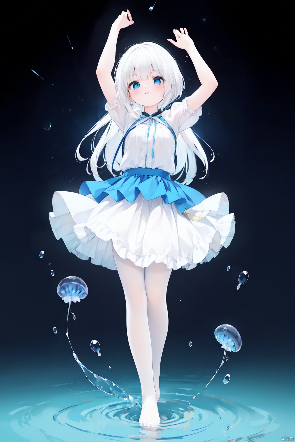 Multi layer white lace skirt,on water surface, full body picture, white,pantyhose,stepping on the water surface, ripples, falling from the sky to the water surface, white haired blue eyed girl, jellyfish head, two strands of long hair, starry sky, dancing posture, blue courtesy, toeless_legwear