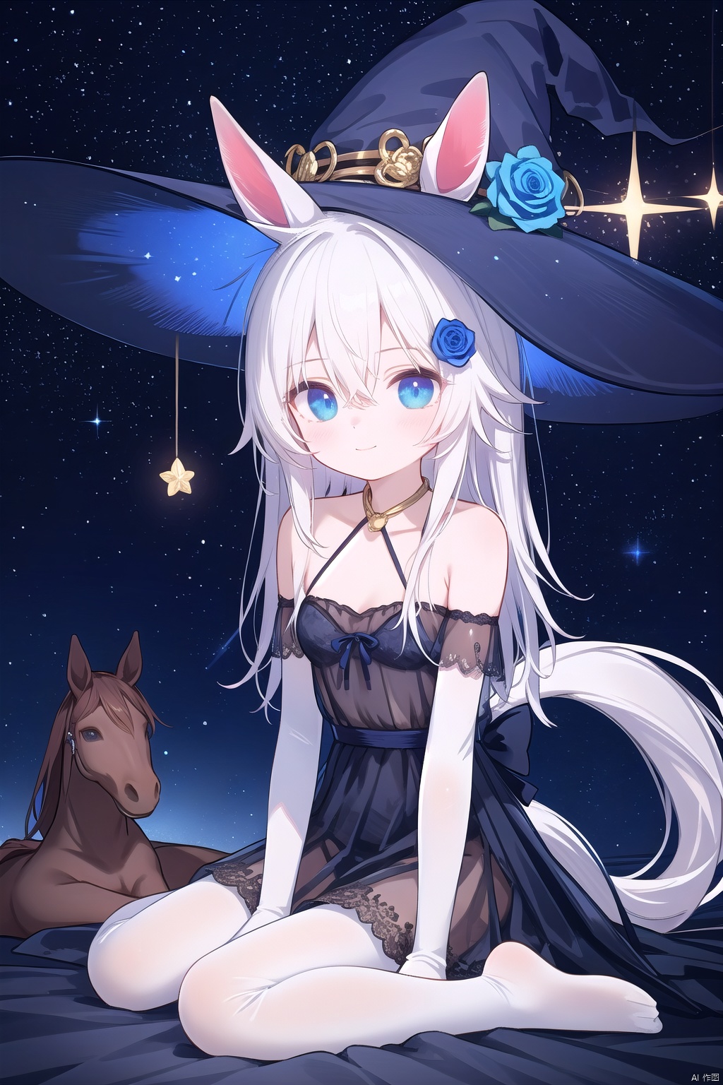 1girl, pleasant, loli, solo, animal ears, (horse ears:1.4), perfect face, round face, (perfect hands), (long straight hair), hair ornament, blue rose, bangs, hair between eyes,closed mouth, gentle smile, witch hat, (halter neck, strapless dress, sleeveless dress, (see-through)), covered breasts, bare shoulder, sleeveless), gown, neck jewelry, lace, elegant, elbow gloves, gold_trim,white pantyhose,toeless_legwear, full body, sitting in the sky,head slit, small breasts, starry sky, night