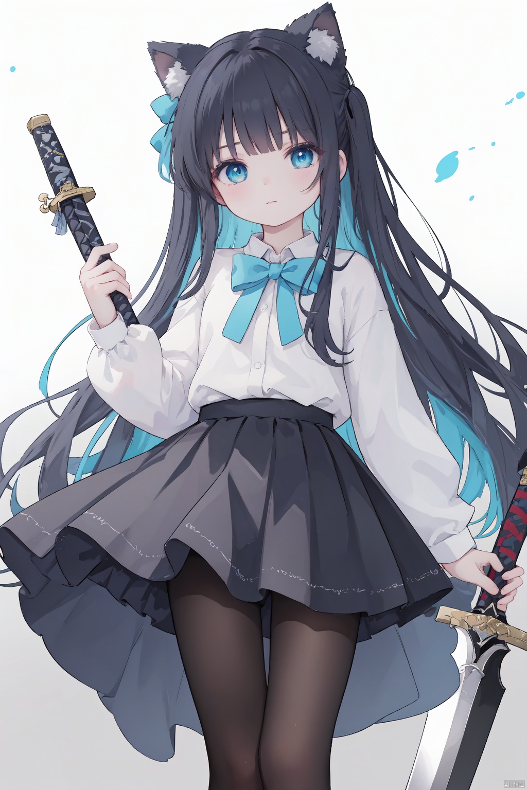  masterpiece,best quality,high quality,(colorful),[Artist onineko],[Artist chen bin],[Artist agwing86],Artist xukong, 1girl, solo, weapon, long hair, blue eyes, holding weapon, sword, holding, holding sword, looking at viewer, black hair, skirt, shirt, white shirt, long sleeves, black pantyhose,toeless_legwear