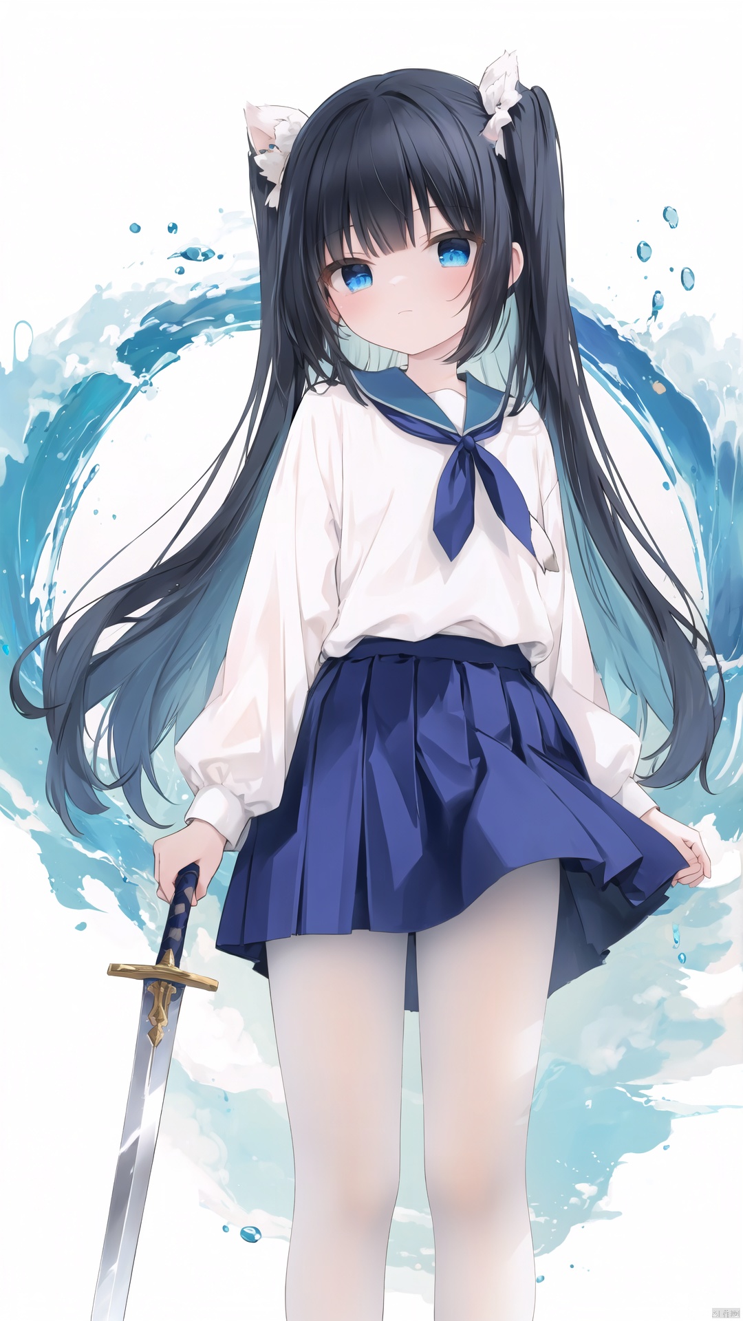  masterpiece,best quality,high quality,(colorful),[Artist onineko],[Artist chen bin],[Artist agwing86],Artist xukong, 1girl, solo, weapon, long hair, blue eyes, holding weapon, sword, holding, holding sword, looking at viewer, black hair, skirt, shirt, white shirt, long sleeves, white pantyhose,toeless_legwear