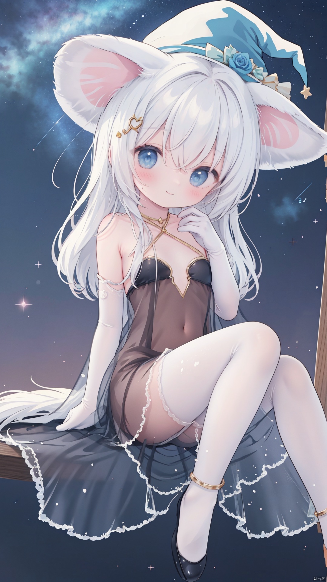 1girl, pleasant, loli, solo, animal ears, (horse ears:1.4), perfect face, round face, (perfect hands), (long straight hair), hair ornament, blue rose, bangs, hair between eyes,closed mouth, gentle smile, witch hat, (halter neck, strapless dress, sleeveless dress, (see-through)), covered breasts, bare shoulder, sleeveless), gown, neck jewelry, lace, elegant, elbow gloves, gold_trim,white pantyhose,toeless_legwear, full body, sitting in the sky,head slit, small breasts, starry sky, night