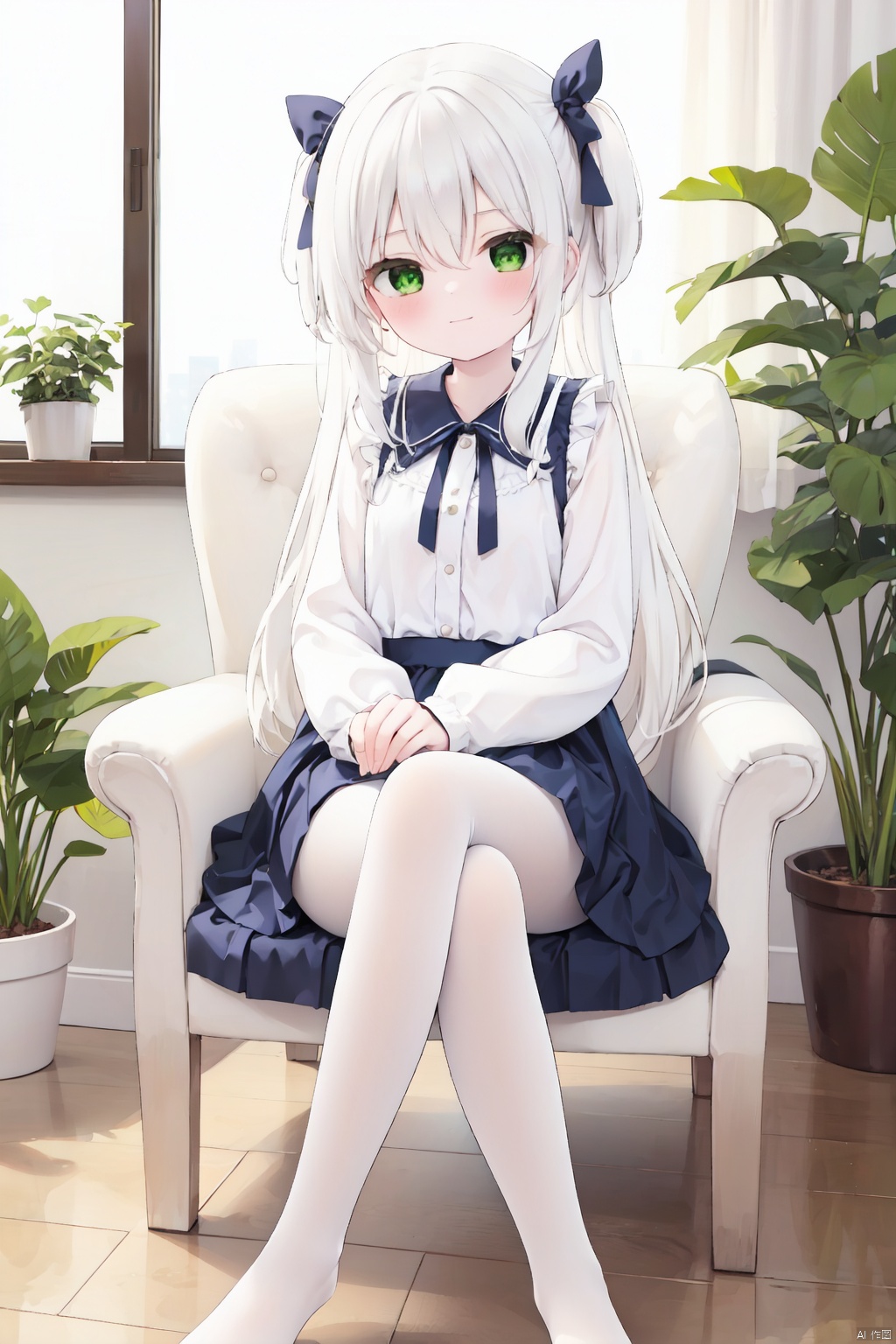  masterpiece,best quality,high quality,(colorful),1girl, solo, long hair, white pantyhose,toeless_legwear, green eyes, sitting, skirt, long sleeves, no shoes, looking at viewer, white hair, smile, white shirt, closed mouth, shirt, blush, frills, bow, hair between eyes, center frills, hair bow, full body, chair, plant, very long hair, frilled skirt, ribbon, indoors, sleeves past wrists, puffy sleeves