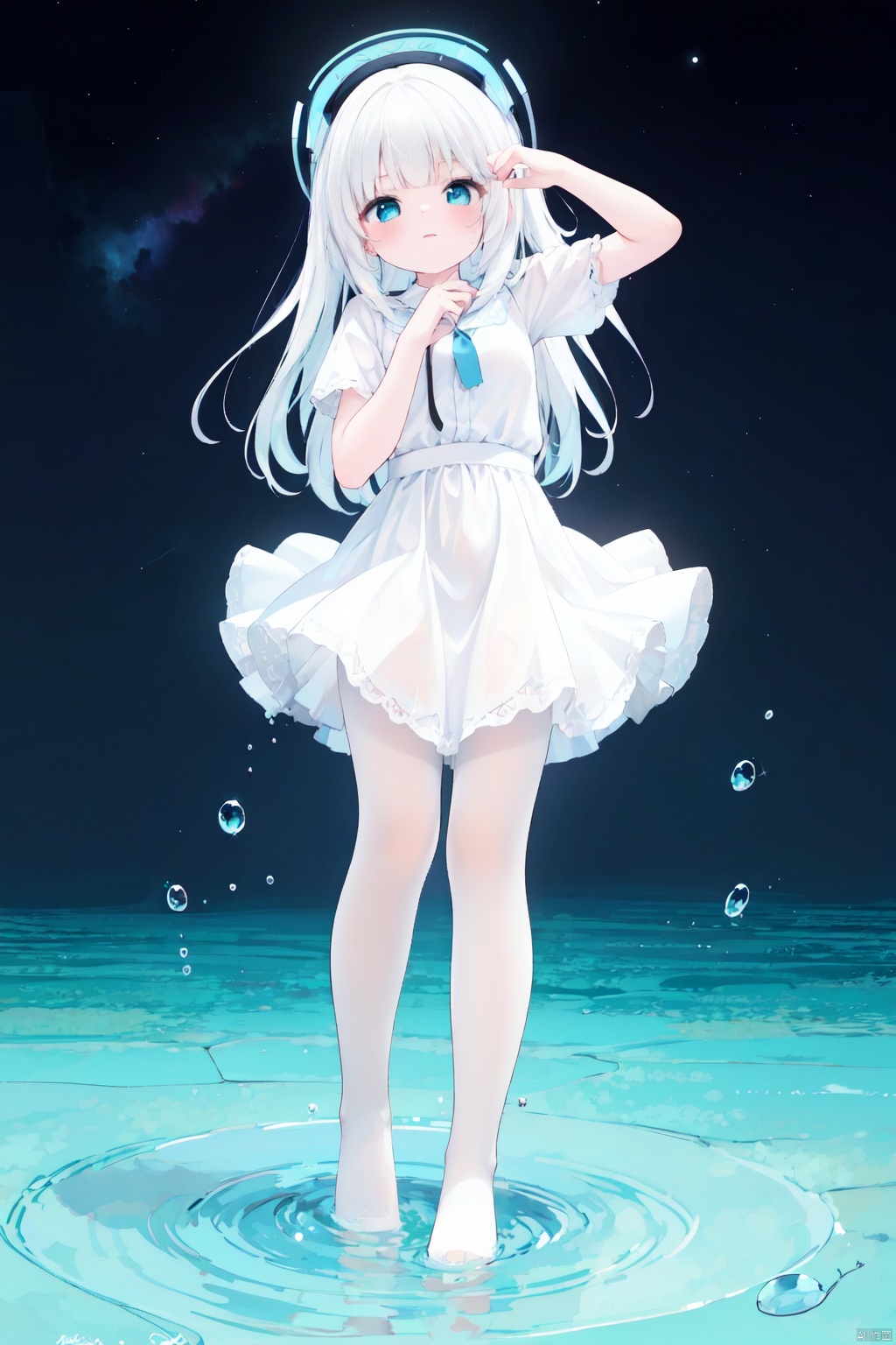 Multi layer white lace skirt,on water surface, full body picture, white,pantyhose,stepping on the water surface, ripples, falling from the sky to the water surface, white haired blue eyed girl, jellyfish head, two strands of long hair, starry sky, dancing posture, blue courtesy, toeless_legwear