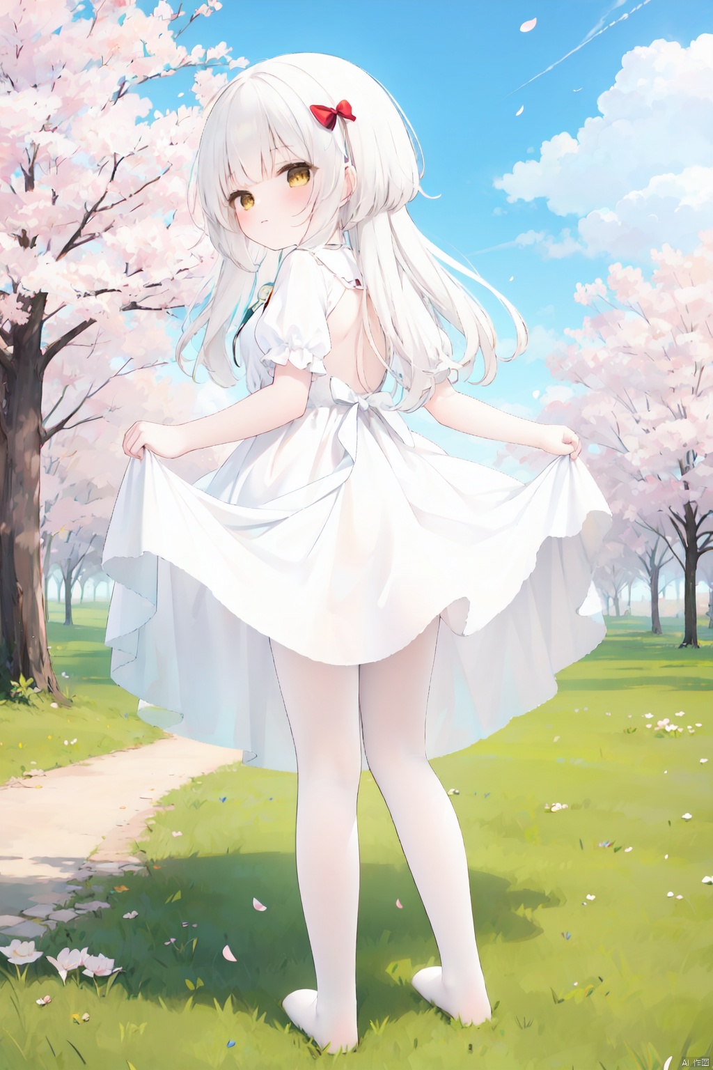 masterpiece,best quality,high quality,loli,1girl, solo, long hair, looking at viewer, blush, bangs, white pantyhose,toeless_legwear, dress, ribbon, brown eyes, very long hair, closed mouth, standing, full body, yellow eyes, white hair, short sleeves, outdoors, sky,no shoes, day, puffy sleeves, looking back, cloud, from behind, white dress,no shoes, red ribbon, tree, blue sky, puffy short sleeves, petals, cherry blossoms, skirt hold,