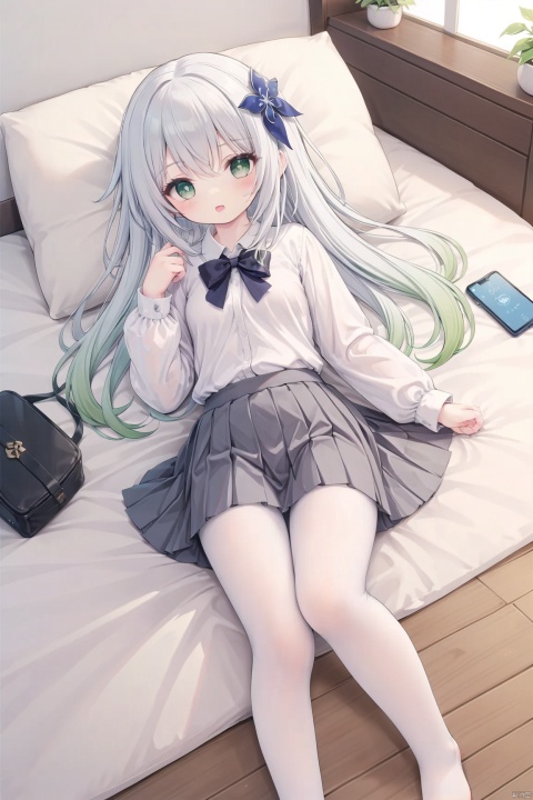 masterpiece,best quality,high quality,(colorful),[Artist onineko],[Artist chen bin],[Artist agwing86],Artist minato ojitan, 1girl, solo, lying, phone, on back, cellphone, skirt, closed eyes, bow, pillow, smartphone, white pantyhose, shirt, hair ornament, pleated skirt, sleeping, earphones, white shirt, school uniform, on bed, indoors, long hair, bowtie, blush, bed, hairclip, toeless_legwear, long sleeves, grey skirt, earbuds, breasts,open mouth, bag, school bag, collared shirt, no shoes, open skirt, small breasts, wooden floor, from above, black bowtie, white hair,green hair,hair ornament, gradient hair,nahida (genshin impact)